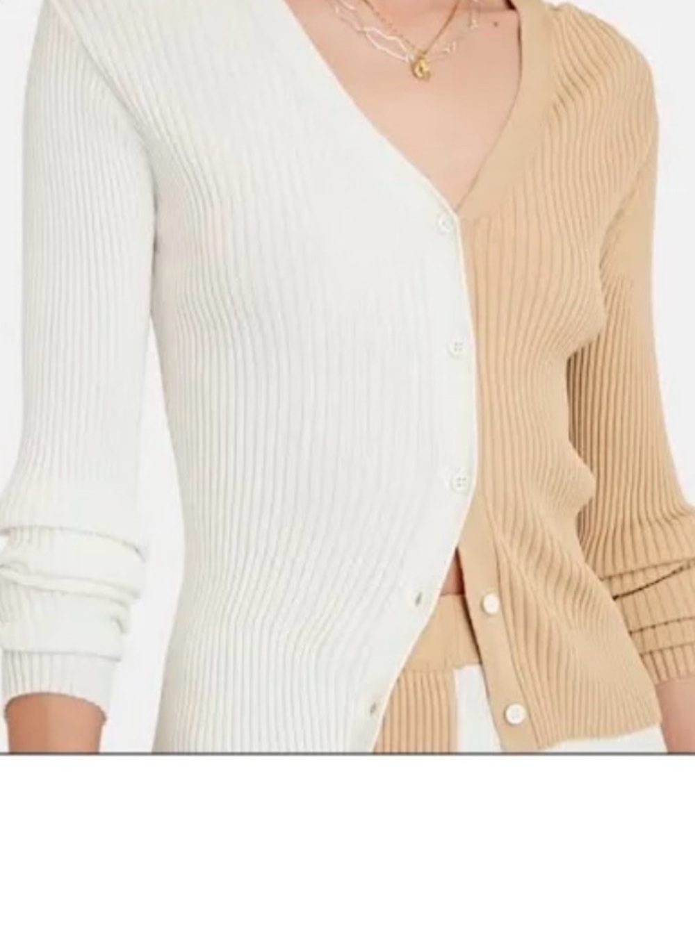 STAUD Two-Tone Ribbed V-Neck Cardigan - White & Beige